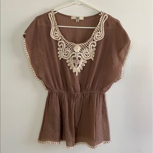 Ya Los Angeles brown top with white crochet detail